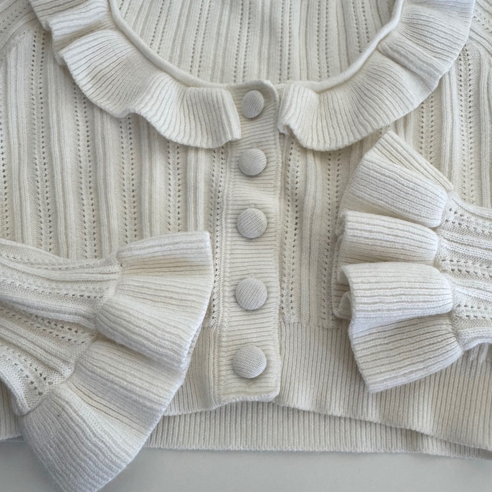 For Love & Lemons‎ Cream Pointelle Ruffle Cropped Cardigan Sweater XXS Ivory - Picture 6 of 12